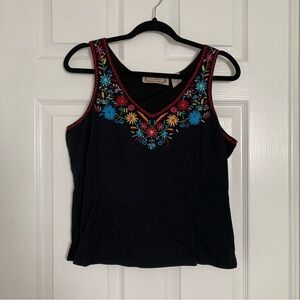 Life Style Sleeveless Black Embroidered Floral Top Blouse